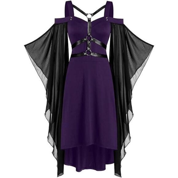 Dresses & Skirts - 💜 Goth Harness Cold Shoulder Butterfly Sleeves Cosplay Purple Dress SIZE 6 NWT